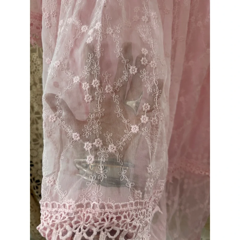 Pink Lace Tiered Coquette Midi ‎ Dress Long Sleeve Feminine Cottagecore Sz L